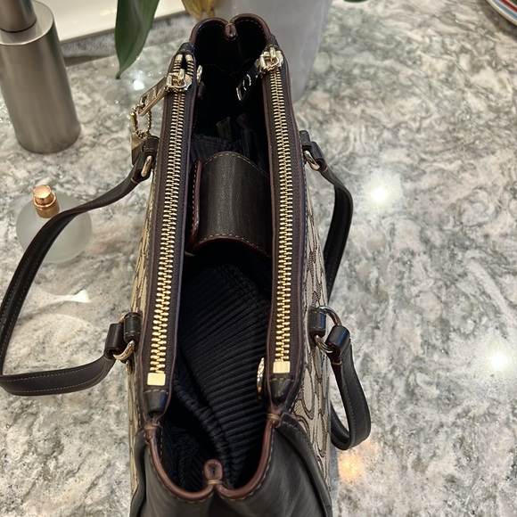 COACH BROWN SIGNATURE MINI TOTE DOUBLE SLOTS STRAP CROSSBODY EXCELLENT CONDITION - Picture 6 of 11